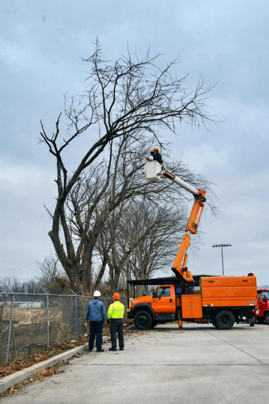 Orange bucket truck operating beside a large tree