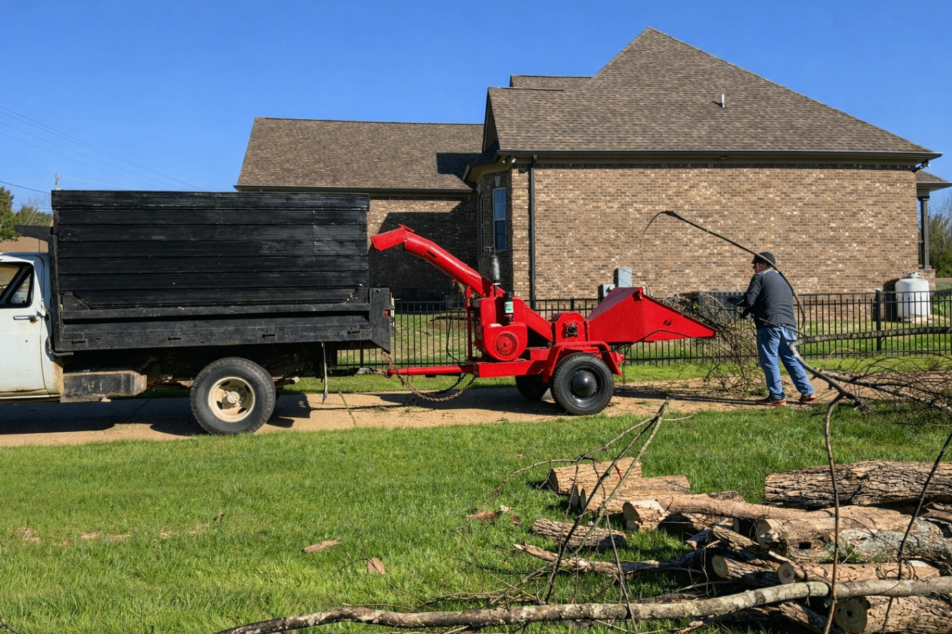 Crew feeding branches into a wood chipper