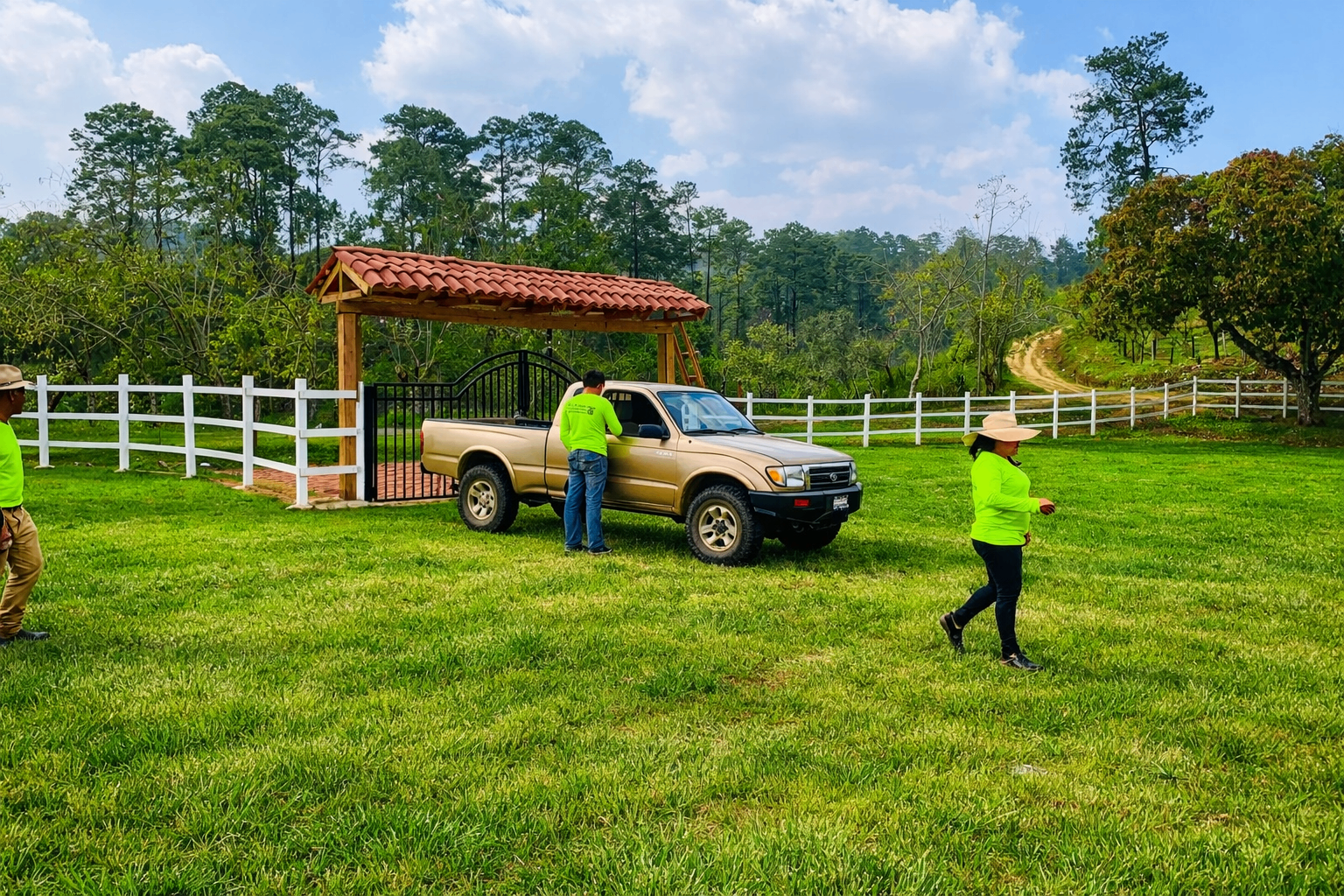 Team arriving by pickup truck at a rural property gate