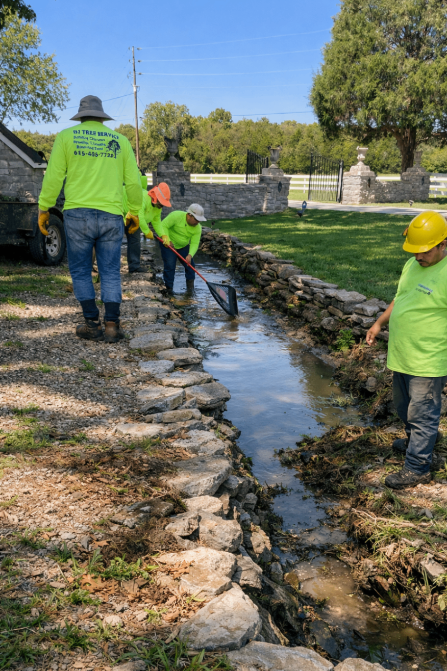 Crew working together in a drainage channel
