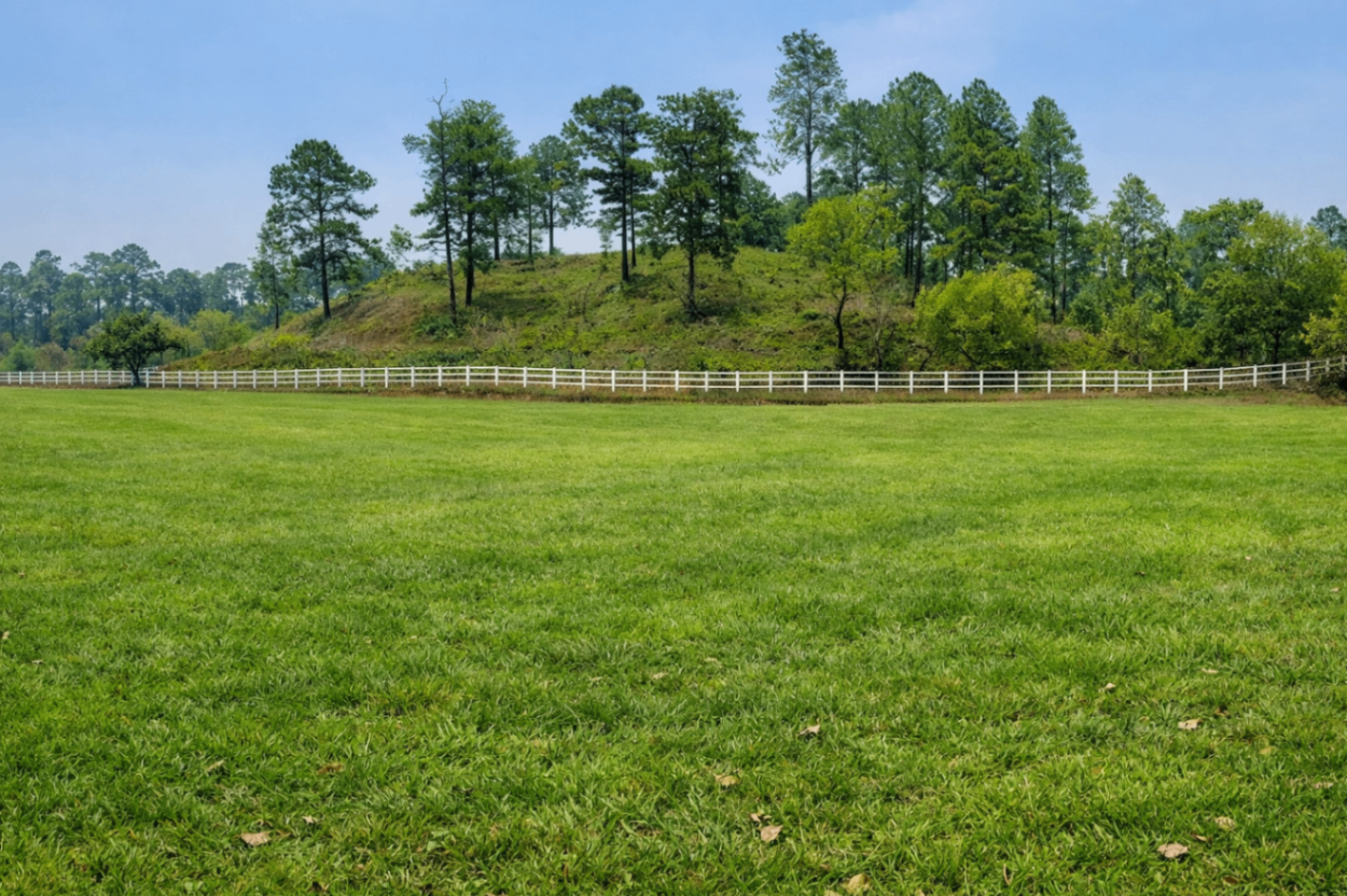 Wide grassy field bordered by trees and fencing