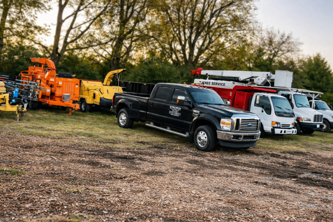 Evening lineup of trucks, pickups and chippers in the yard