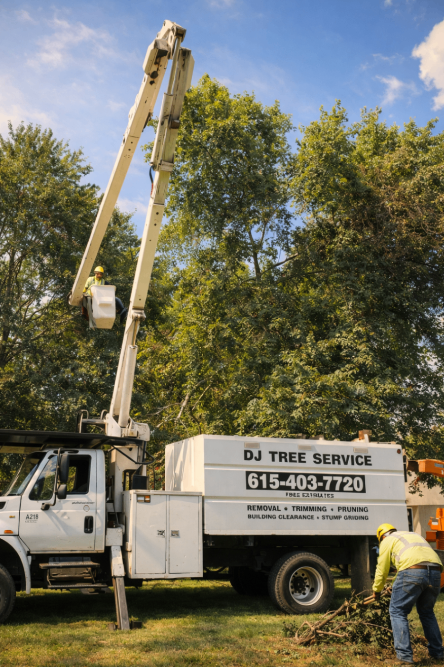 Bucket truck positioned beside trees during field work