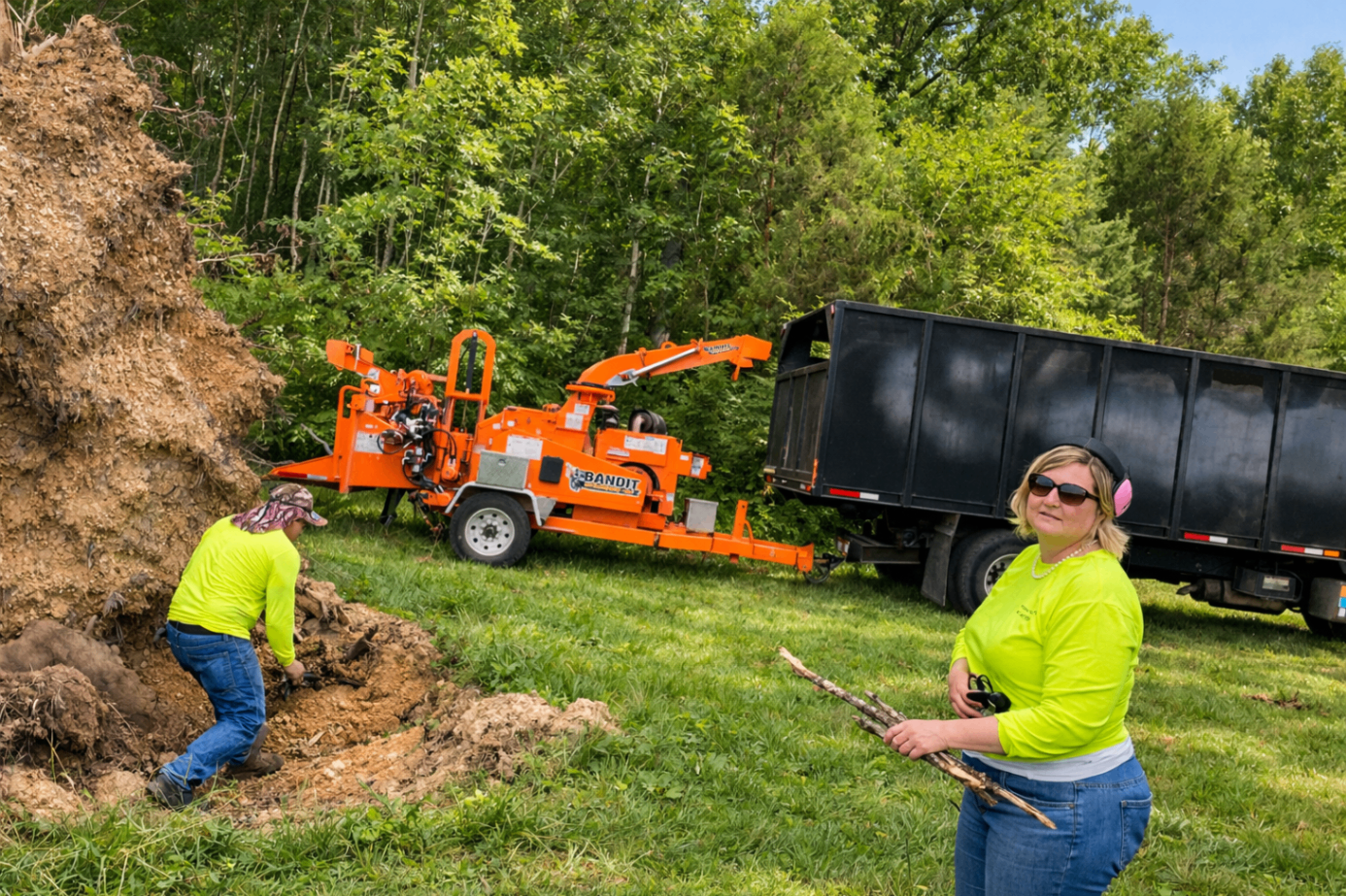 Team members working together around a stump with chipper and truck in the background