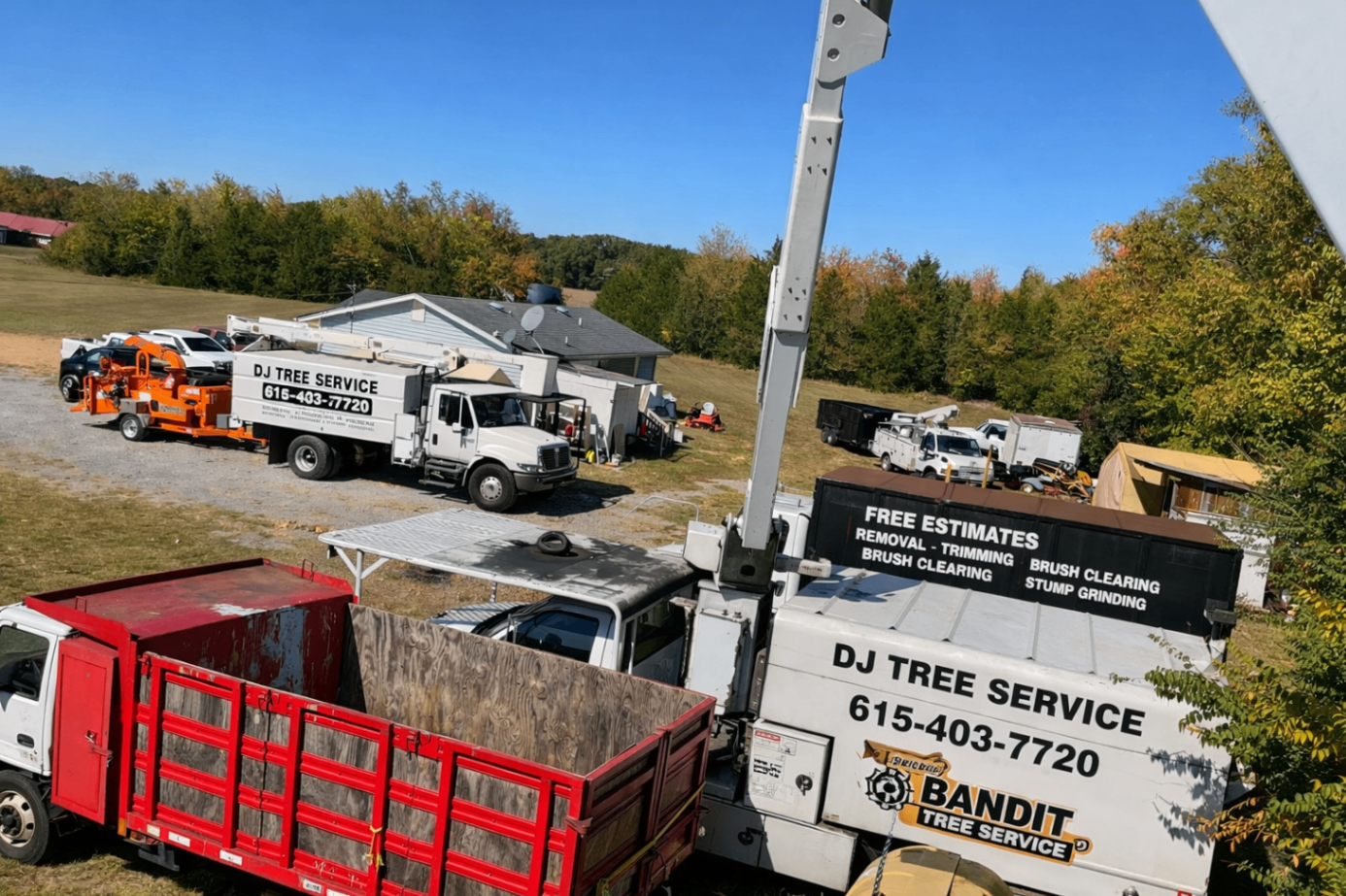 Overview of multiple DJ Tree Service trucks and equipment in the yard