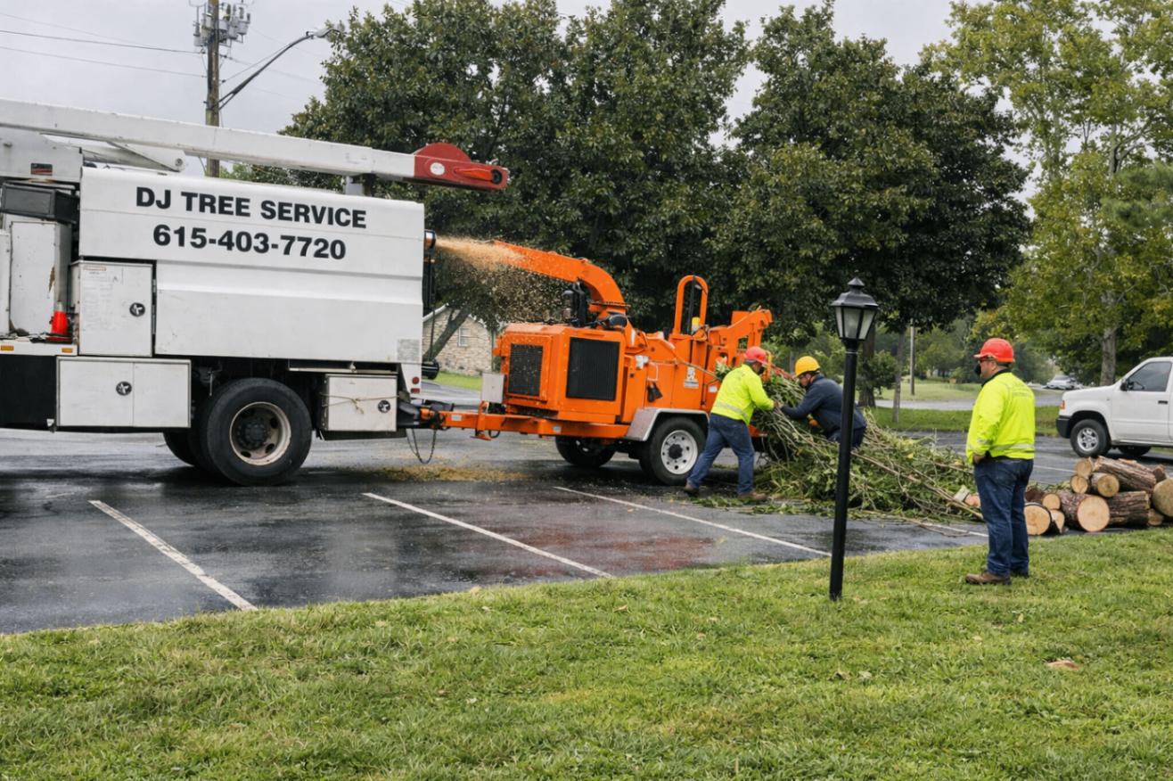 Crew feeding branches into a chipper during cleanup work