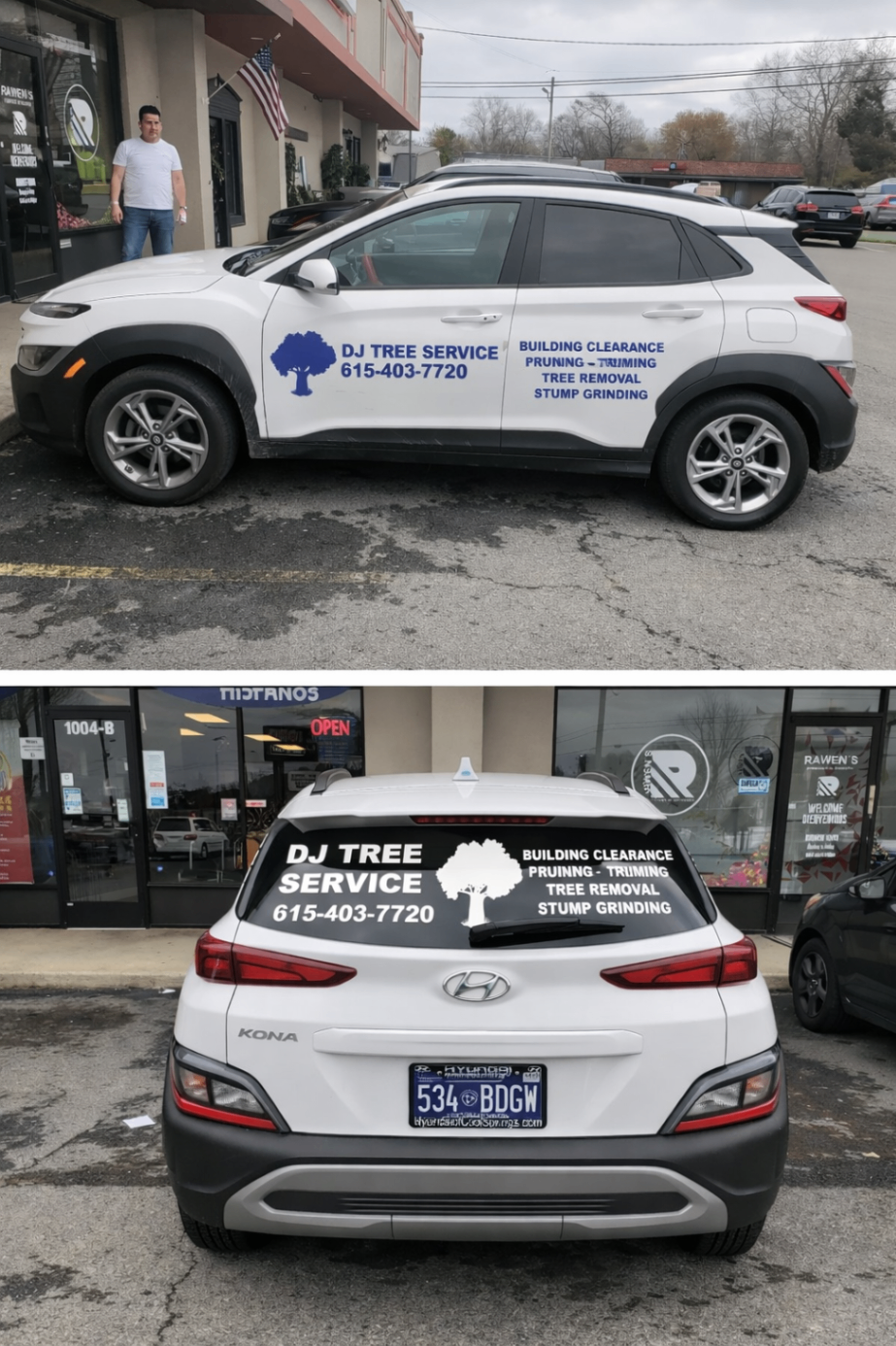 White SUV branded with DJ Tree Service contact and service list