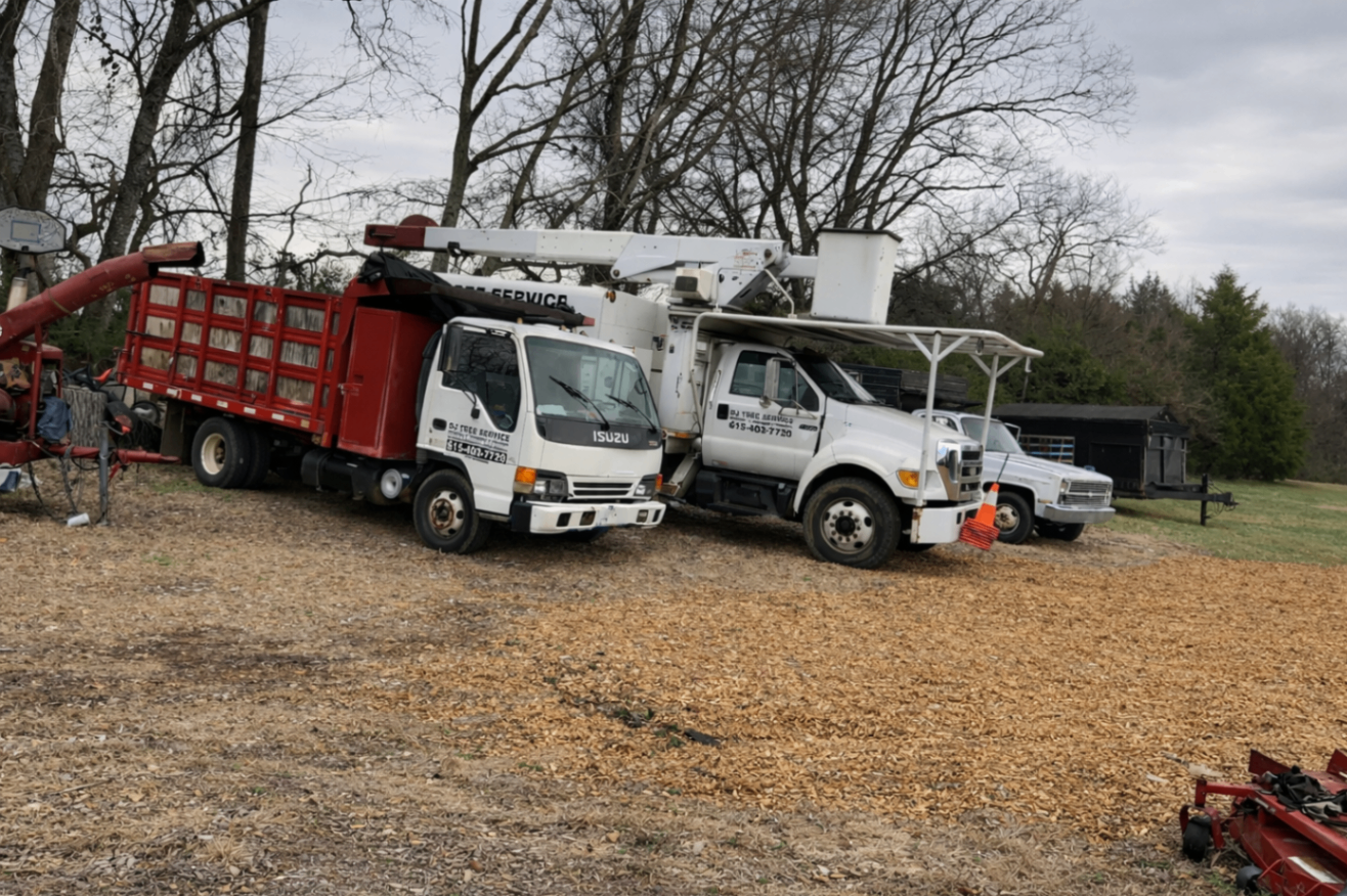 Grouped service trucks parked over wood chips in the yard