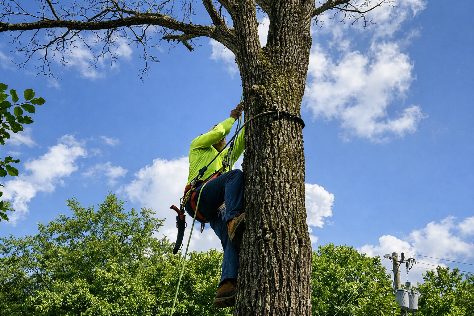 Close-up of an arborist climbing a tree with ropes and safety gear