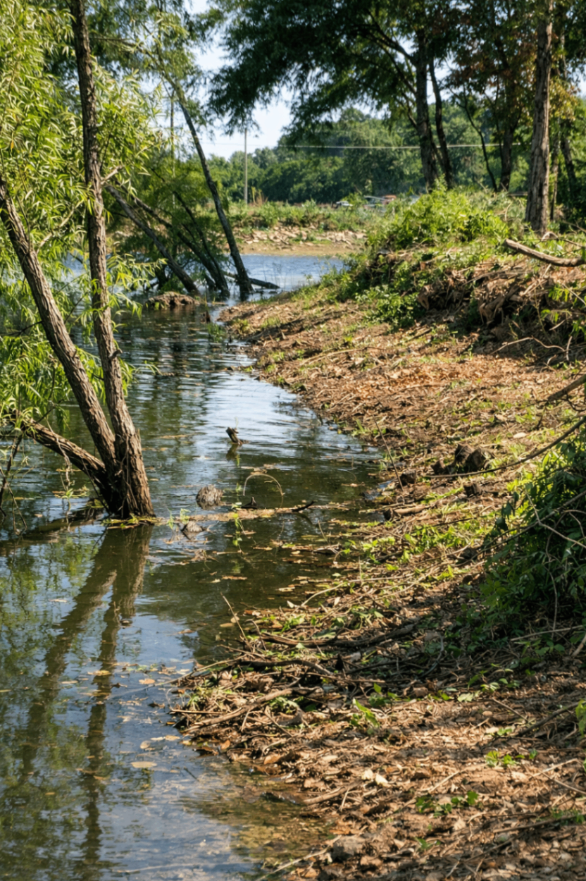 Cleared creek bank showing vegetation and water line