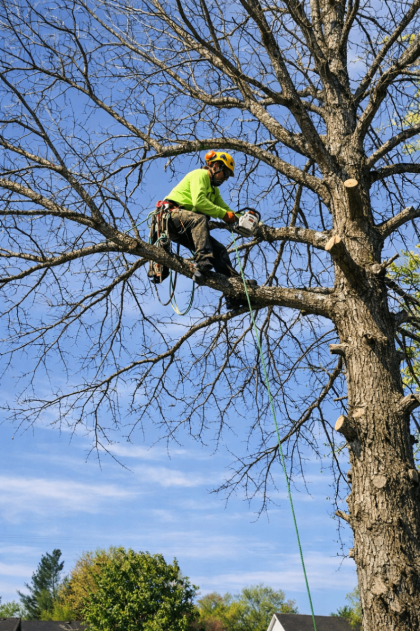 Arborist climbing and cutting a tree