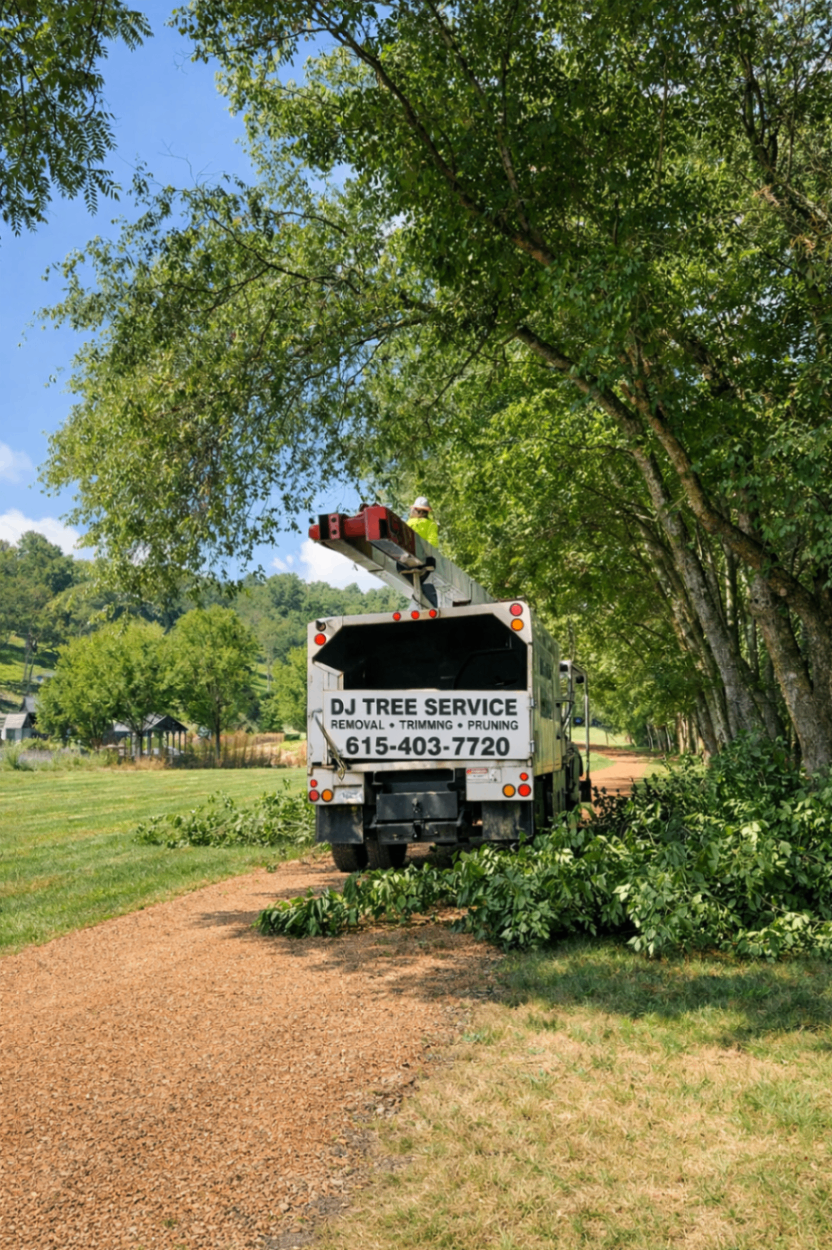 DJ Tree Service truck clearing branches along a tree-lined path