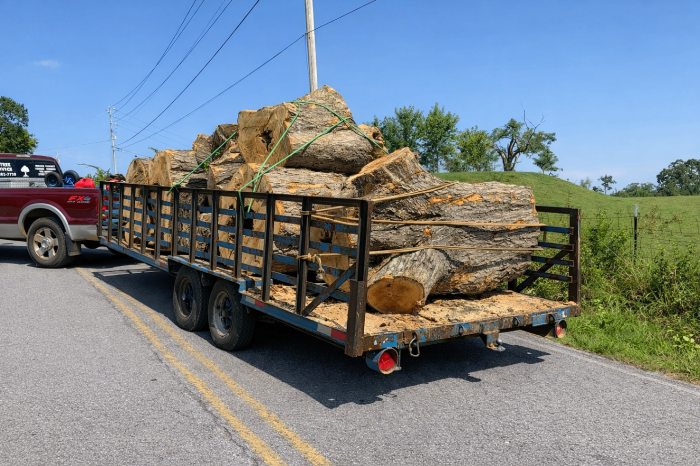 Trailer transporting large logs on the road