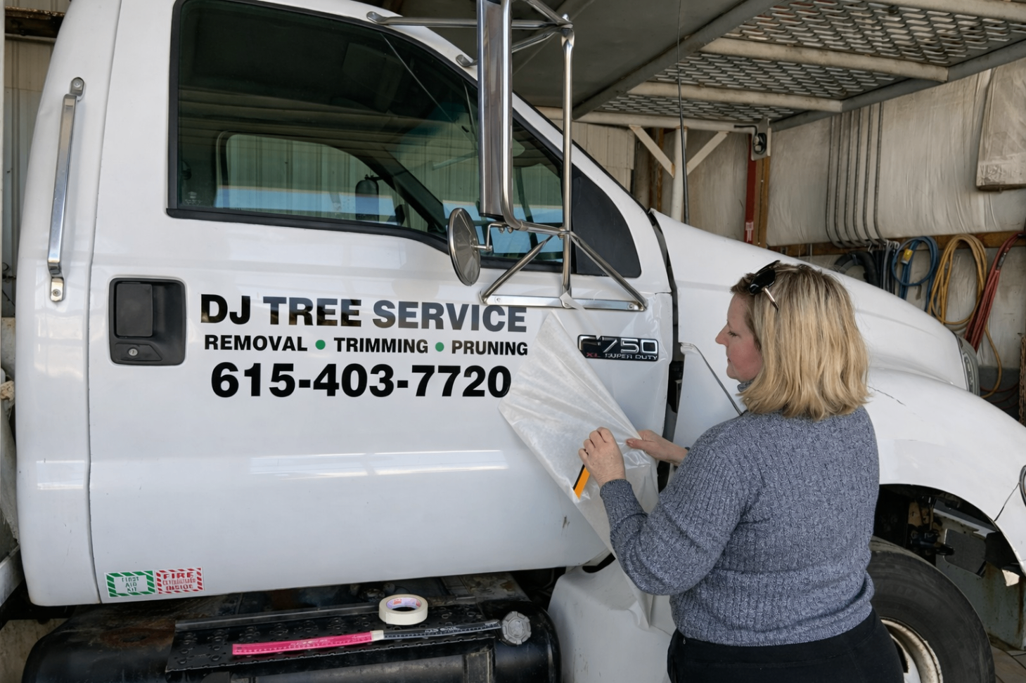 Applying branding vinyl to a service truck door