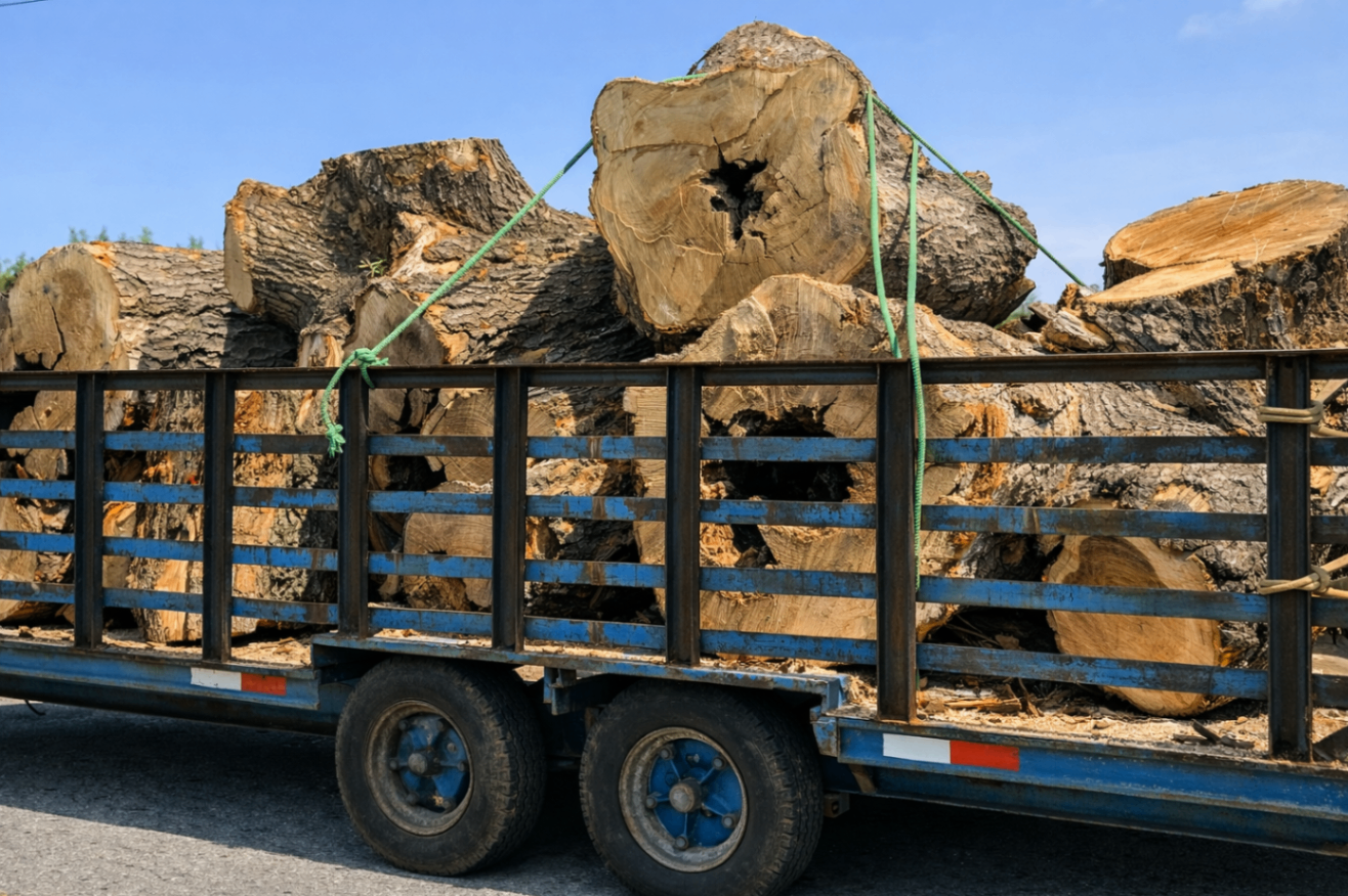 Large cut logs secured on a trailer